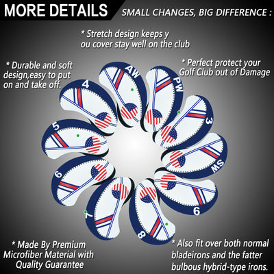 Golf Iron Covers Set Neoprene without Window Top 10 Pack USA Flag