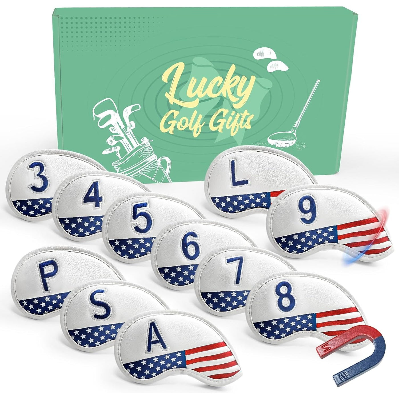 Golfschlägerhüllen für Eisen, magnetisch, 11er-Pack mit Geschenkbox, USA-Flaggen-Design 