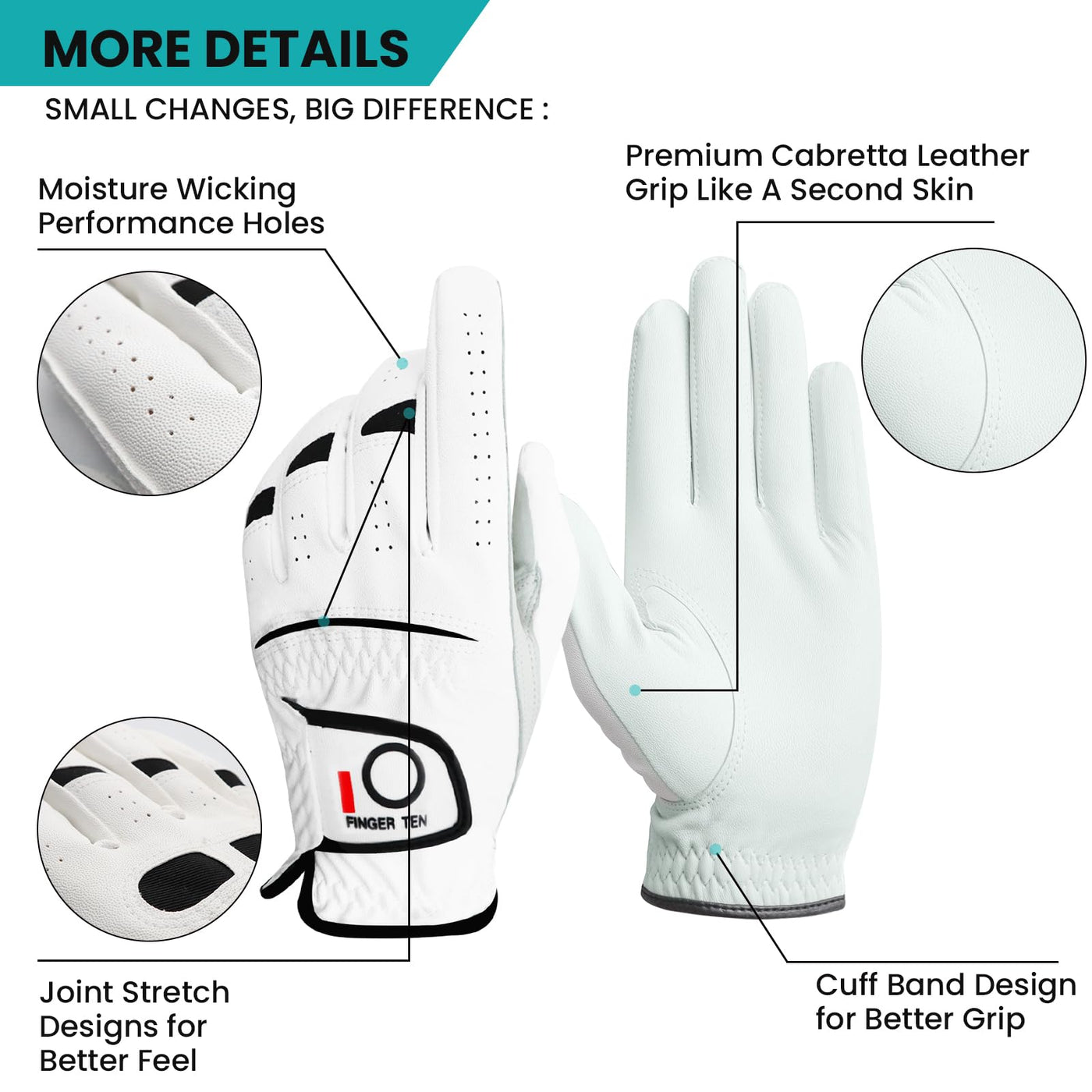 FINGER TEN Golf Gloves Men Right Left Handed Golfer Men’s Golf Glove Left Right Hand Value 3/6 Pack, All Weather Leather Grip Small Medium ML Large XL Size