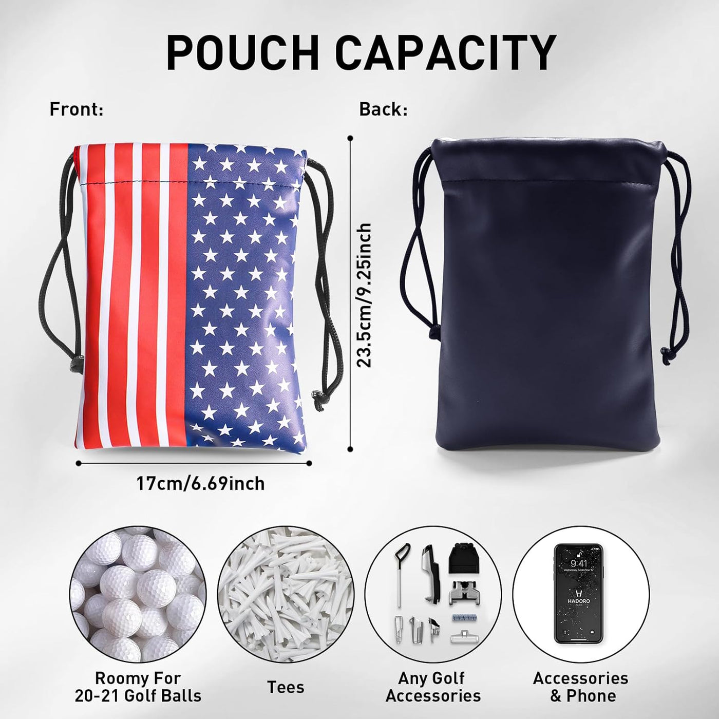 Golf Valuables Pouch Ball and Tee Bag with Drawstrings Leather USA Flag Pack