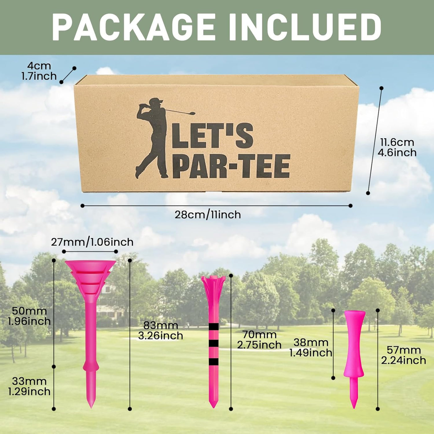 Golf-Tees, unzerbrechlicher Kunststoff, 3 1/4, 2 3/4, 1 1/2 Zoll, gemischt, 60 Stück, Geschenkbox 