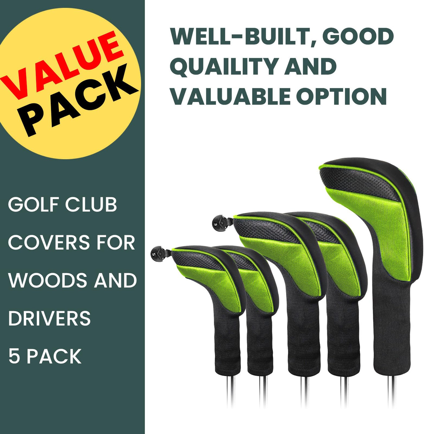 Golf Club Head Covers for Woods Driver Fairway Hybrid Value 5 Pack