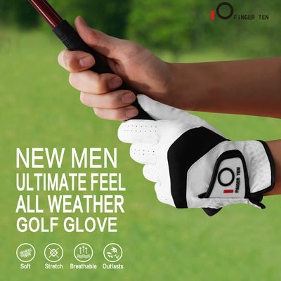FINGER TEN Golf Gloves Men Left Hand Right Leather Value 5 Pack, Mens Golf Glove for Right Left Handed Golfer All Weather Grip Small Medium ML Large XL XXL 3XL