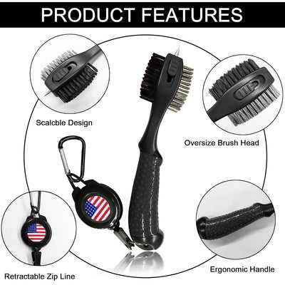 Golf Club Brush Groove Cleaner with Strong Magnetic Retractable Carabiner Value 2 Pack