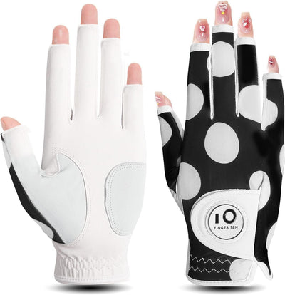 1 lot de gants de golf pour femme en cuir à demi-doigts avec marqueur de balle