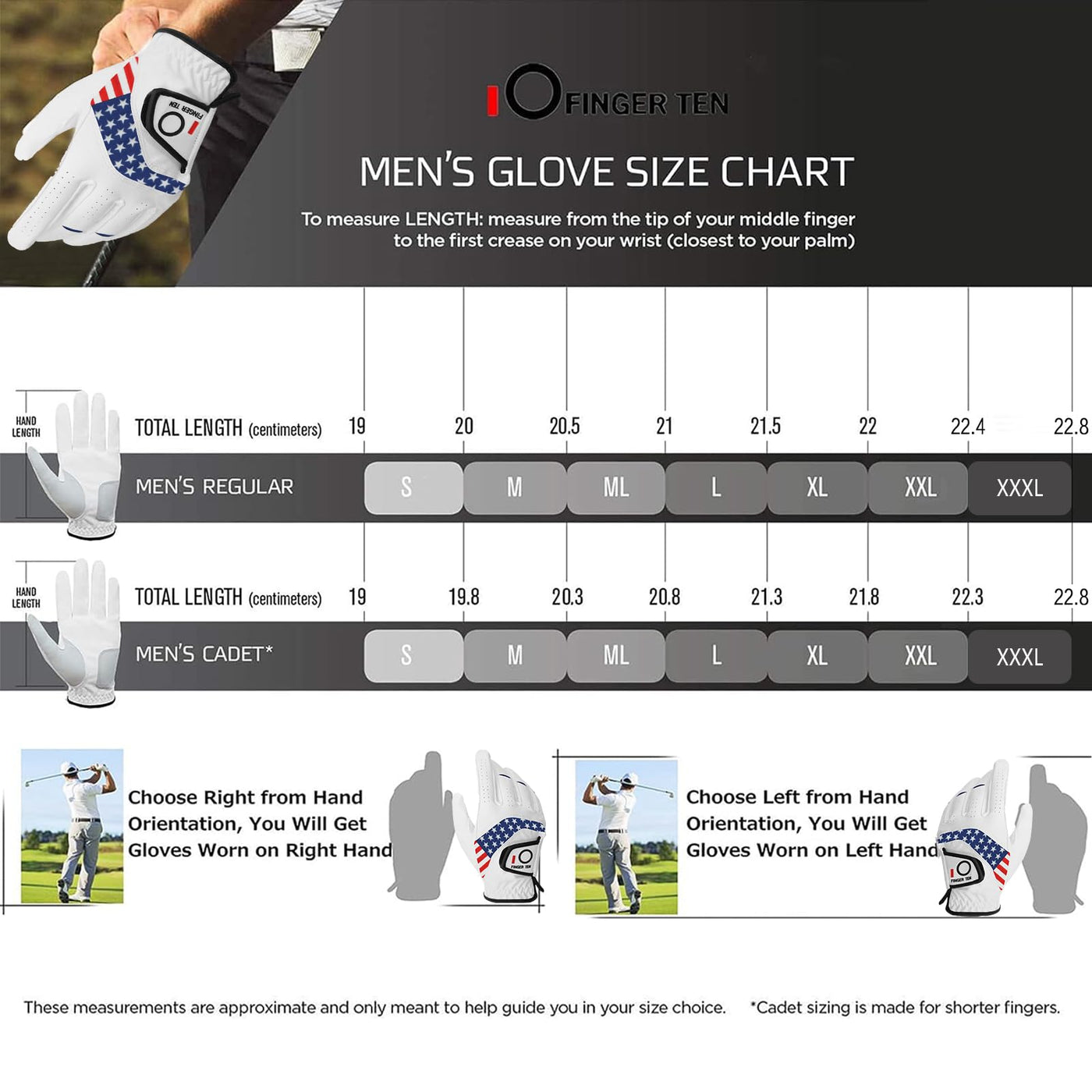 FINGER TEN Golf Gloves Men Left Hand Right Leather Value 5 Pack, Mens Golf Glove for Right Left Handed Golfer All Weather Grip Small Medium ML Large XL XXL 3XL