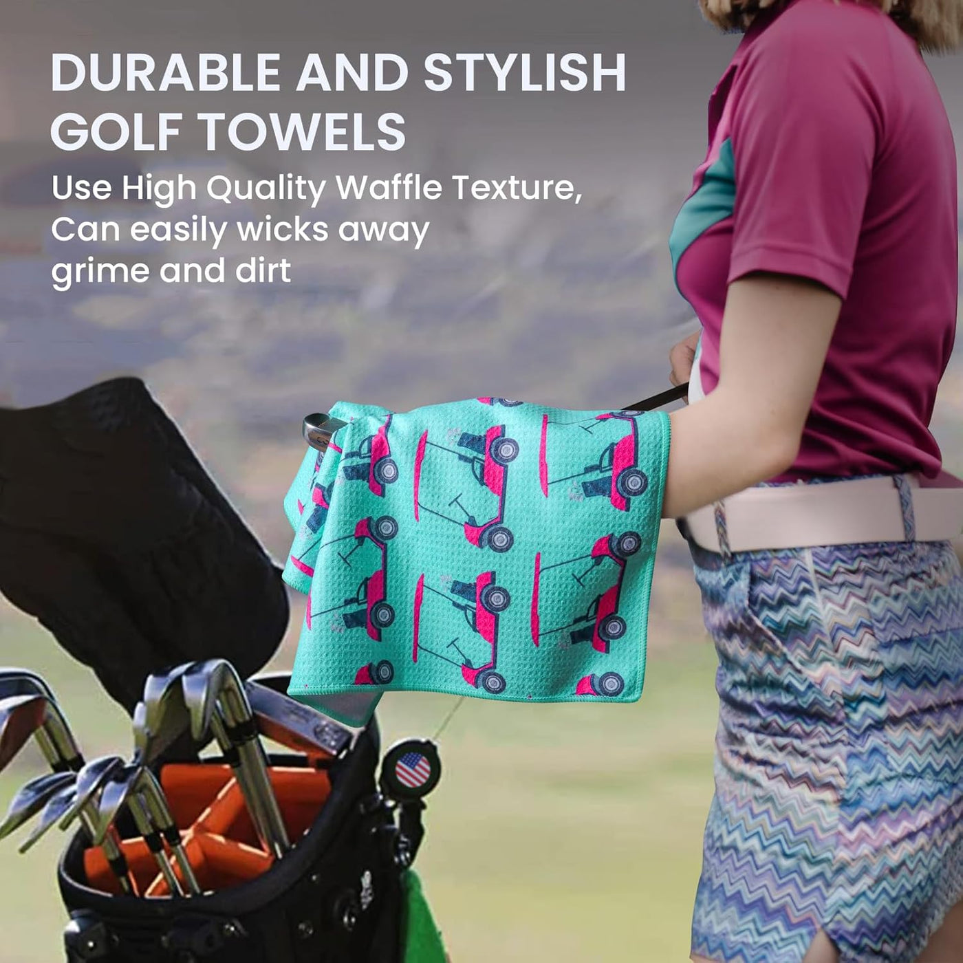 Golf Towels Value 2 Pack 21"x16" and 12"x8" Set with Strong Magnetic Retractable Carabiner