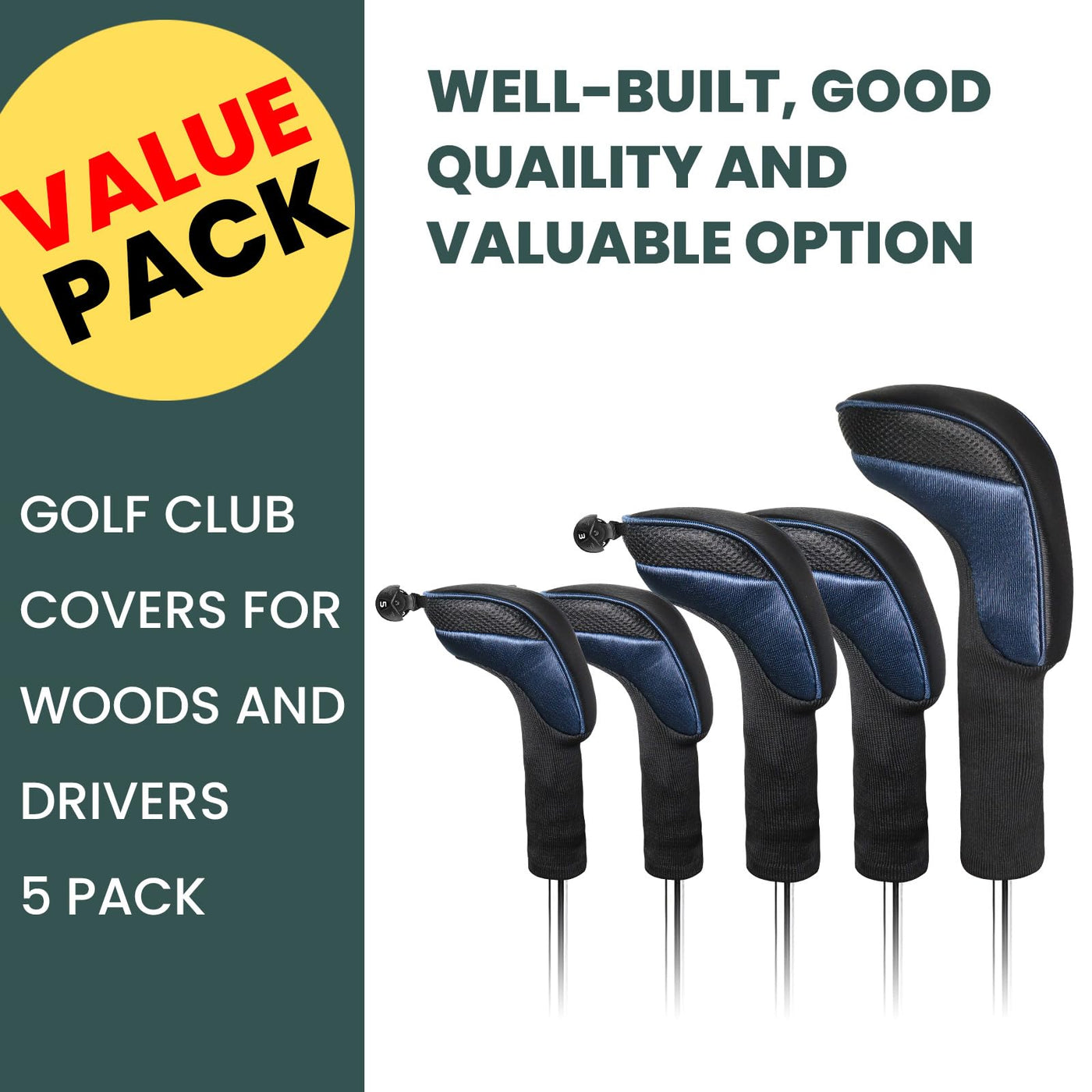 Golf Club Head Covers for Woods Driver Fairway Hybrid Value 5 Pack