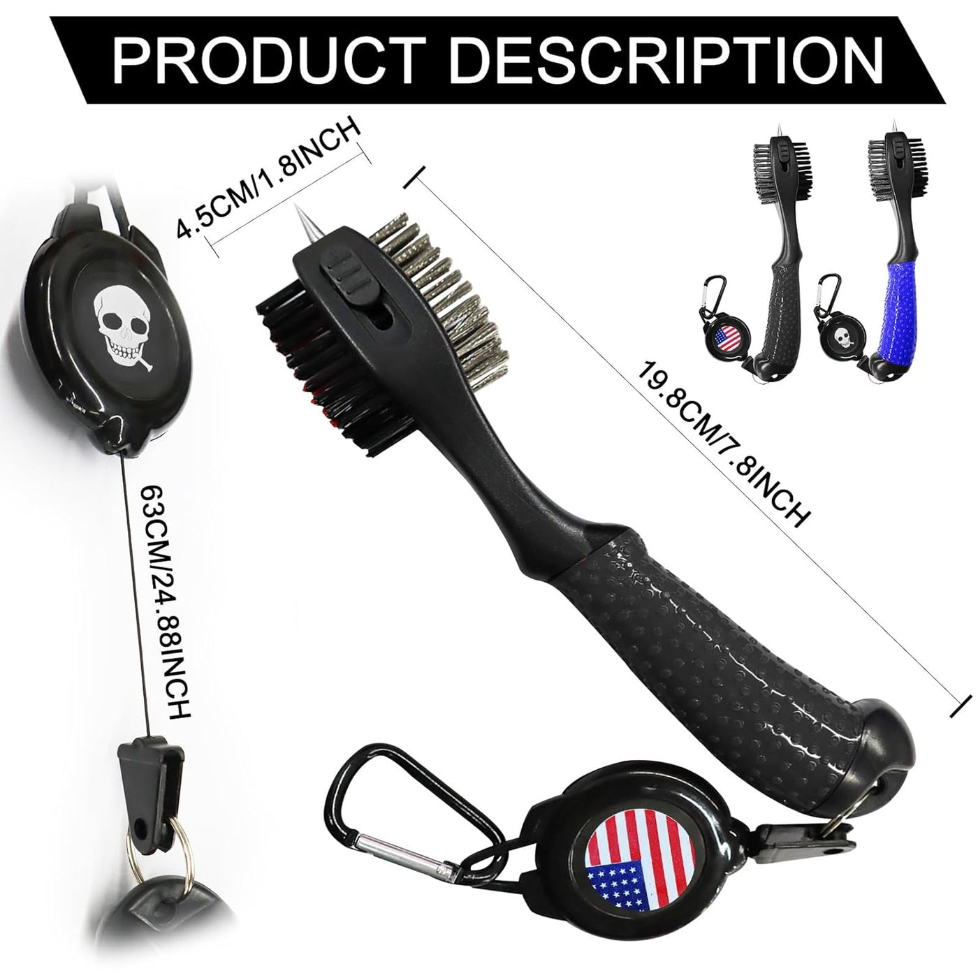 Golf Club Brush Groove Cleaner with Strong Magnetic Retractable Carabiner Value 2 Pack