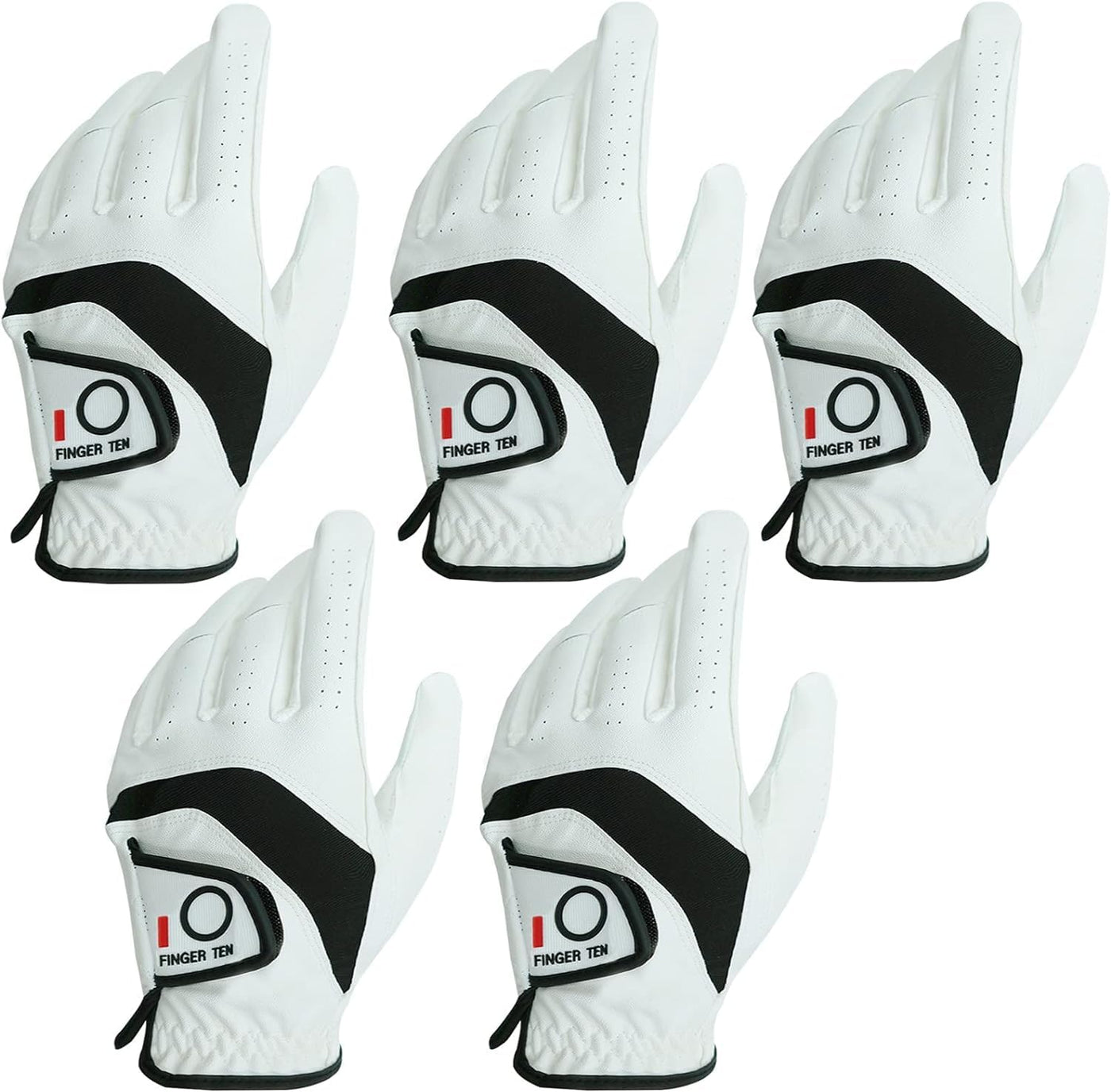 FINGER TEN Golf Gloves Men Left Hand Right Leather Value 5 Pack, Mens Golf Glove for Right Left Handed Golfer All Weather Grip Small Medium ML Large XL XXL 3XL