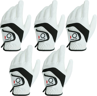 FINGER TEN Golf Gloves Men Left Hand Right Leather Value 5 Pack, Mens Golf Glove for Right Left Handed Golfer All Weather Grip Small Medium ML Large XL XXL 3XL