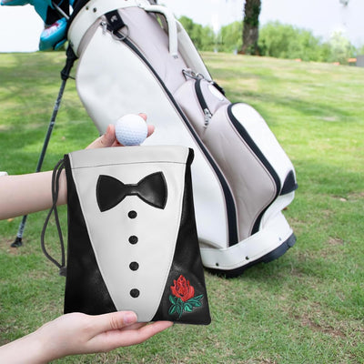 Golf Valuables Pouch Ball and Tee Bag with Drawstrings Leather White Black Pack