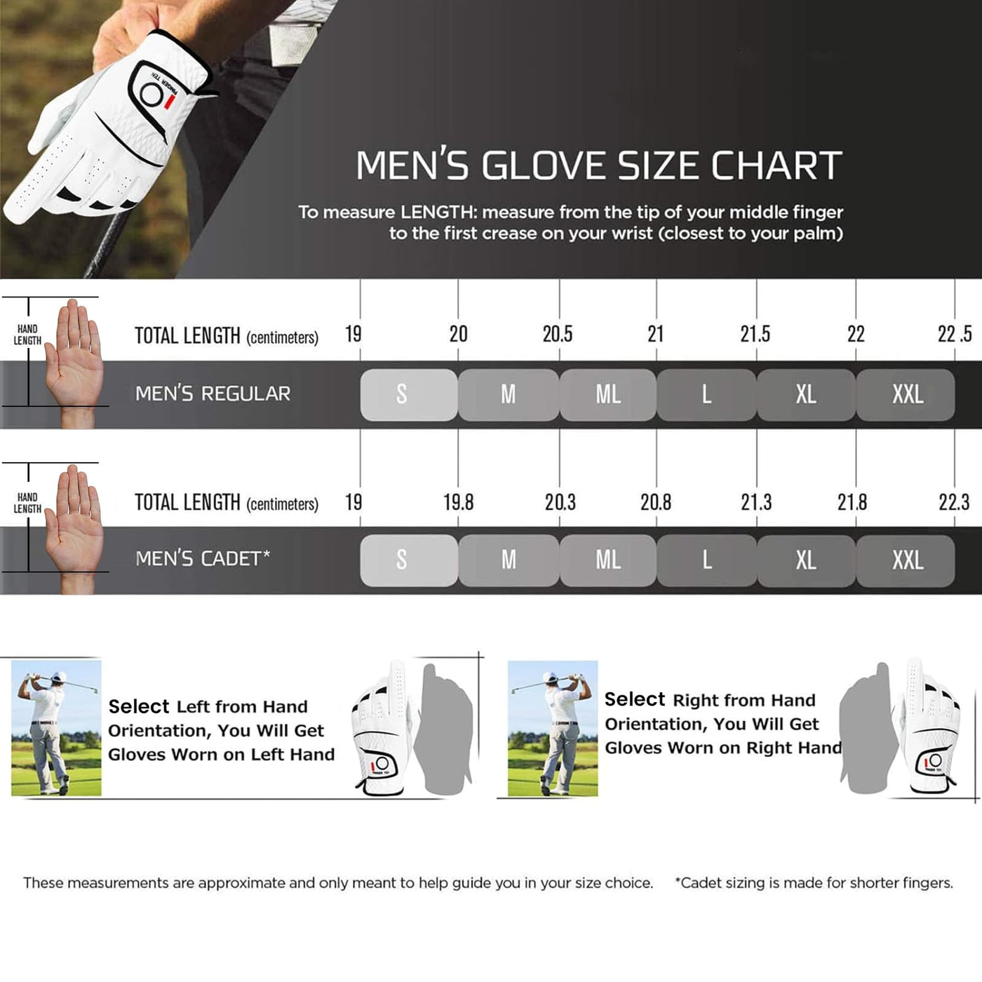 FINGER TEN Golf Gloves Men Right Left Handed Golfer Men’s Golf Glove Left Right Hand Value 3/6 Pack, All Weather Leather Grip Small Medium ML Large XL Size