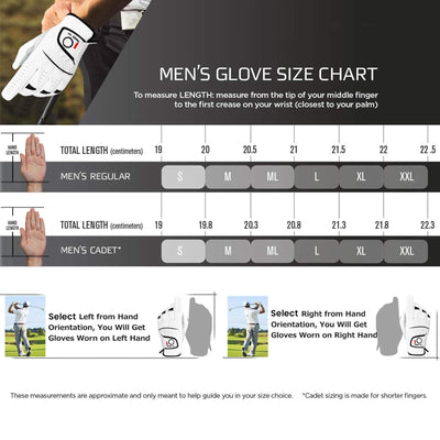 FINGER TEN Golf Gloves Men Right Left Handed Golfer Men’s Golf Glove Left Right Hand Value 3/6 Pack, All Weather Leather Grip Small Medium ML Large XL Size