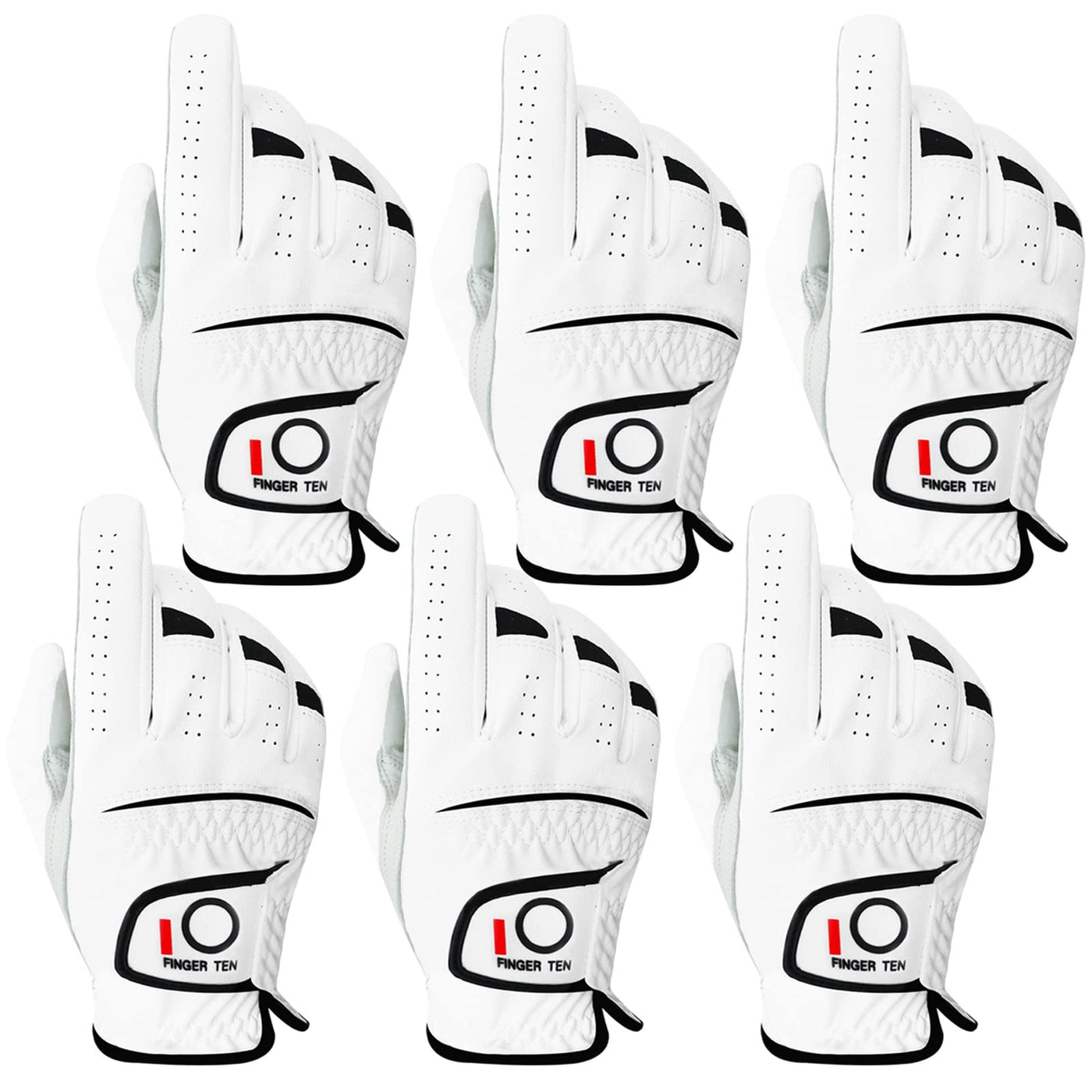 FINGER TEN Golf Gloves Men Right Left Handed Golfer Men’s Golf Glove Left Right Hand Value 3/6 Pack, All Weather Leather Grip Small Medium ML Large XL Size