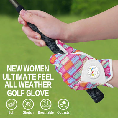 Lot de 2 gants de golf pour femme avec marqueur de balle imprimé en couleur