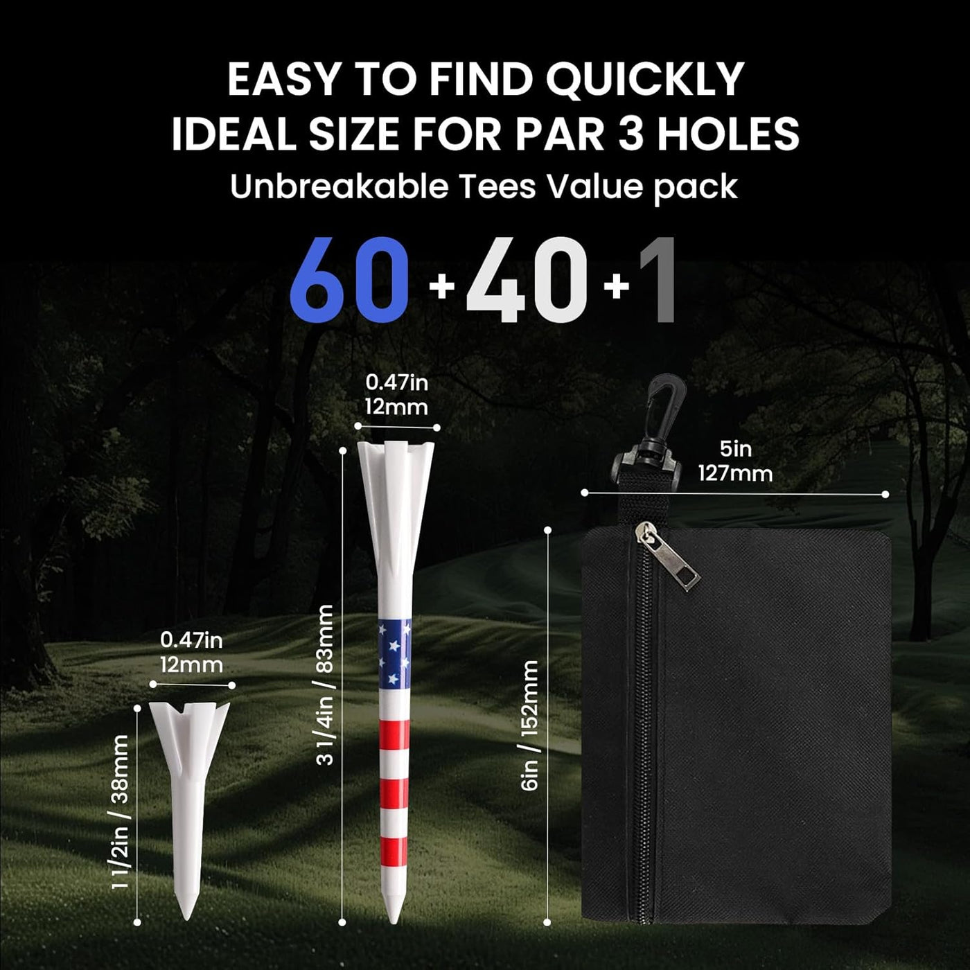 Golf Tees Plastic USA Flag 60 Long Tees 3 1/4 Inch and 40 More Short Tees 1 1/2 Inch with Golf Tee Bag Pouch