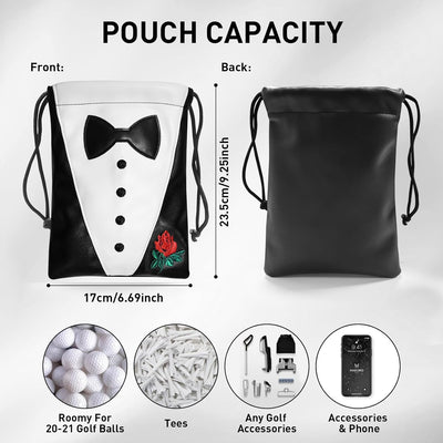 Golf Valuables Pouch Ball and Tee Bag with Drawstrings Leather White Black Pack