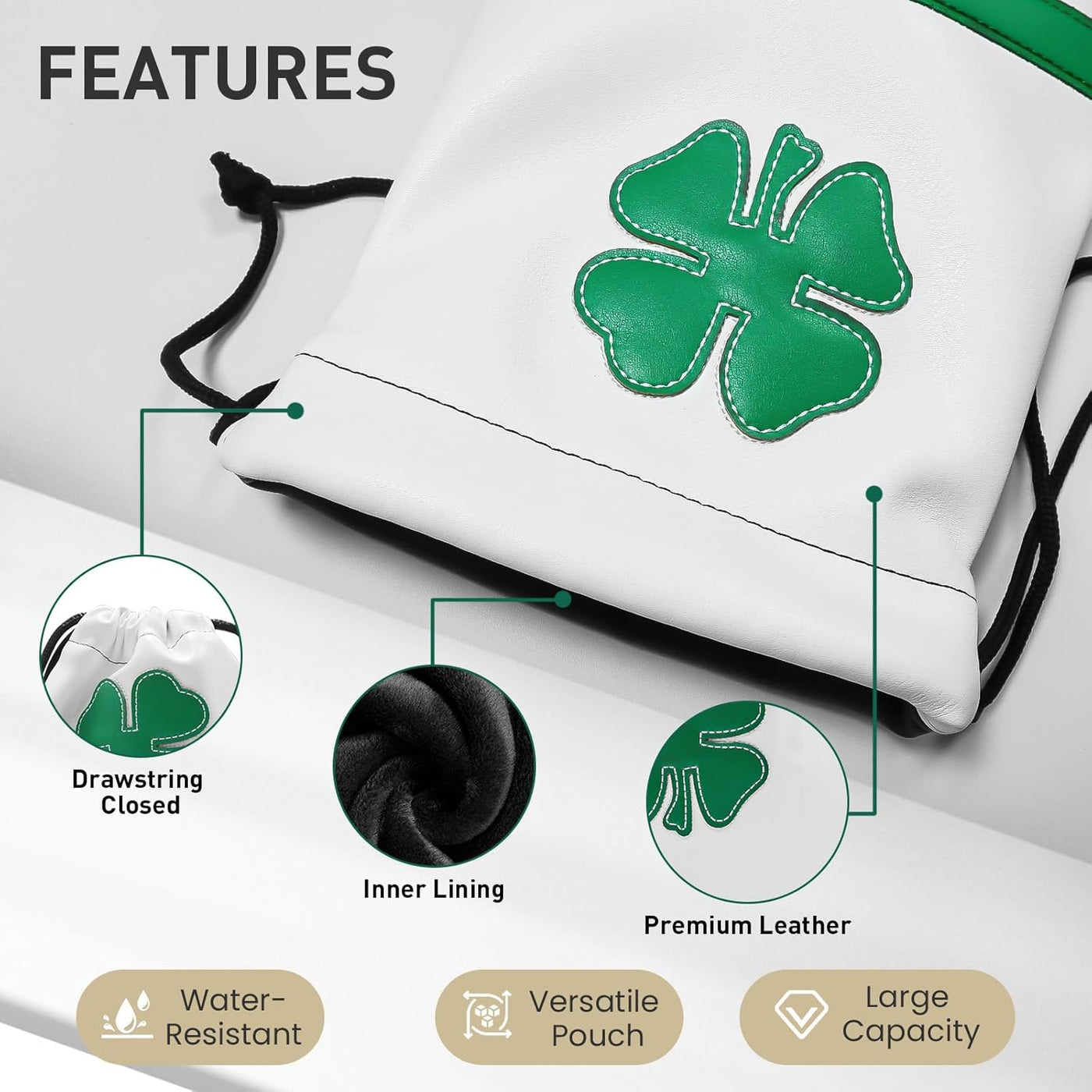 Golf Valuables Pouch Ball and Tee Bag with Drawstrings Leather White Green Pack