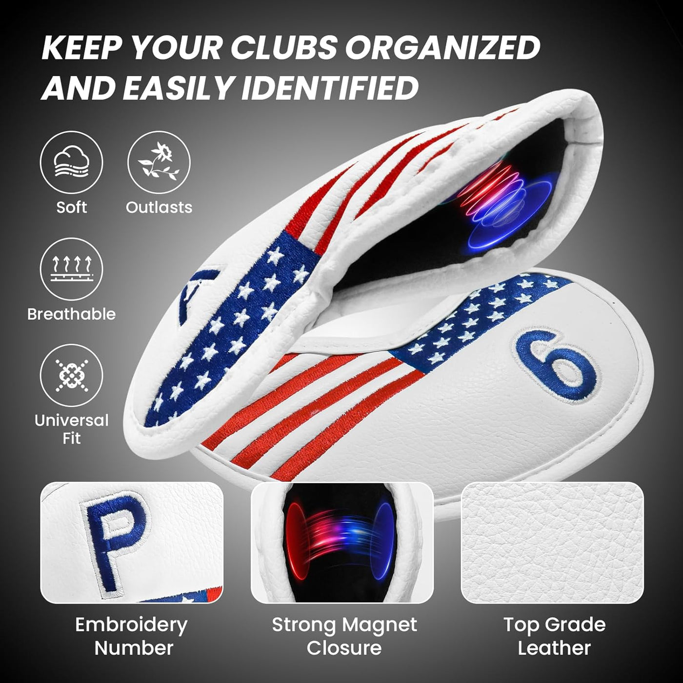 Golf Club Covers for Irons Magnetic Value 11 Pack with Gift Box USA Flag Design