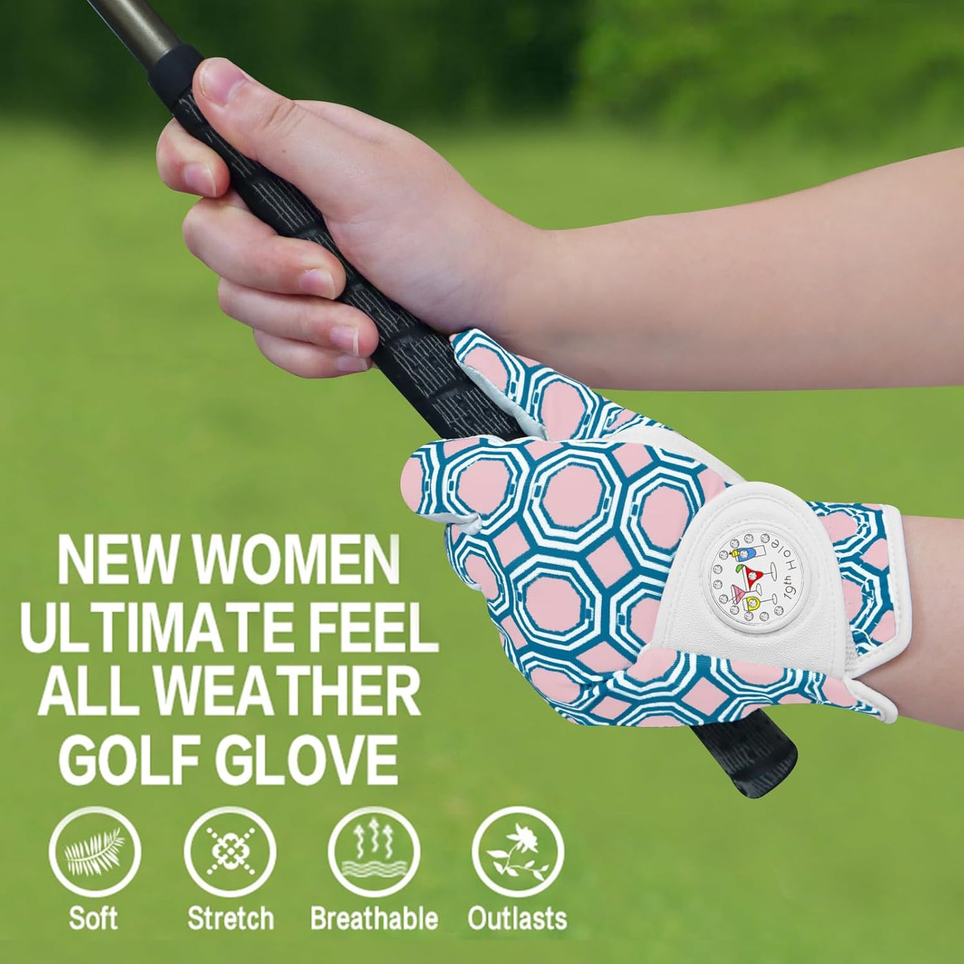 Lot de 2 gants de golf pour femme avec marqueur de balle imprimé en couleur