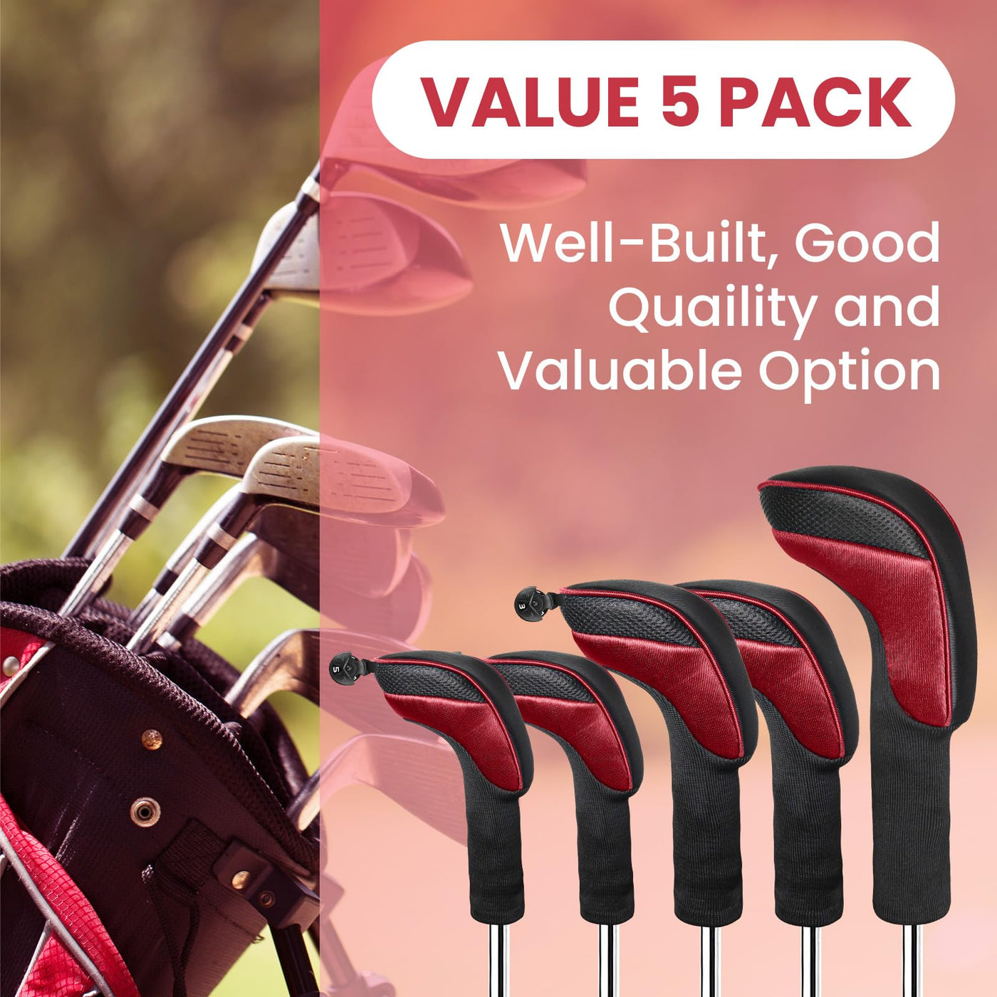 Golf Club Head Covers for Woods Driver Fairway Hybrid Value 5 Pack