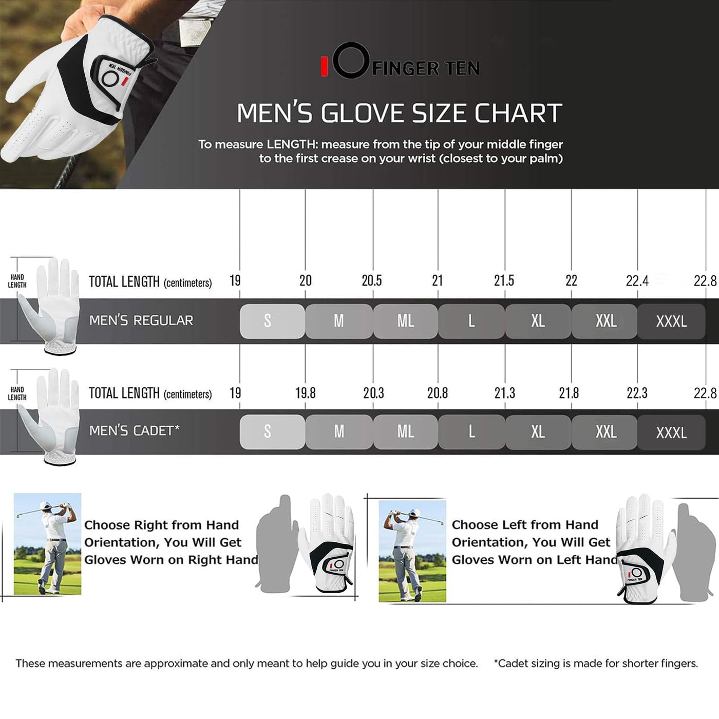FINGER TEN Golf Gloves Men Left Hand Right Leather Value 5 Pack, Mens Golf Glove for Right Left Handed Golfer All Weather Grip Small Medium ML Large XL XXL 3XL