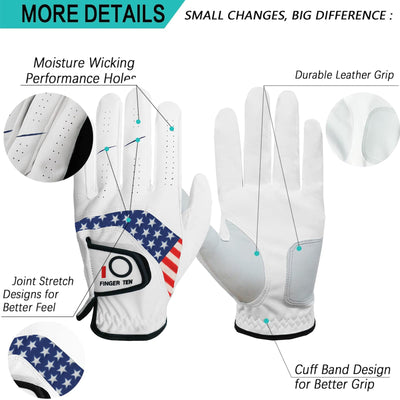 FINGER TEN Golf Gloves Men Left Hand Right Leather Value 5 Pack, Mens Golf Glove for Right Left Handed Golfer All Weather Grip Small Medium ML Large XL XXL 3XL