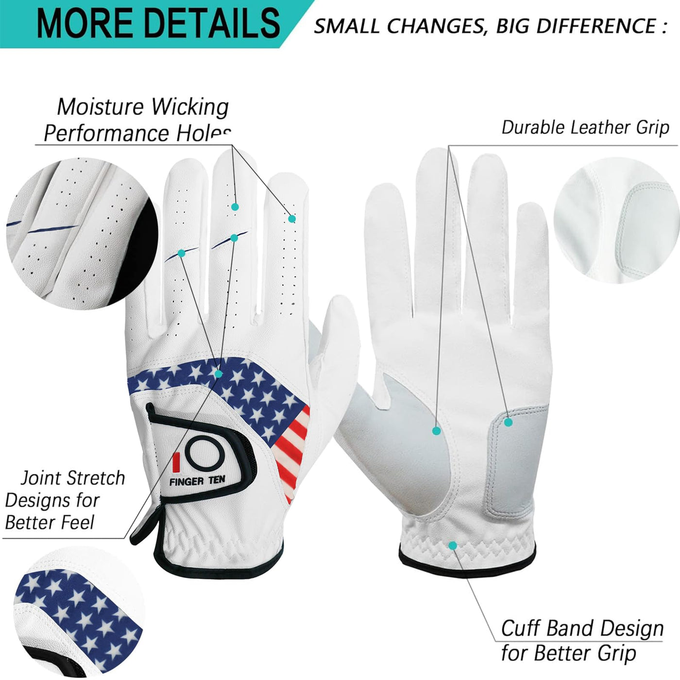 FINGER TEN Golf Gloves Men Left Hand Right Leather Value 5 Pack, Mens Golf Glove for Right Left Handed Golfer All Weather Grip Small Medium ML Large XL XXL 3XL