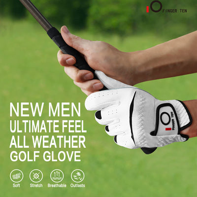 FINGER TEN Golf Gloves Men Right Left Handed Golfer Men’s Golf Glove Left Right Hand Value 3/6 Pack, All Weather Leather Grip Small Medium ML Large XL Size