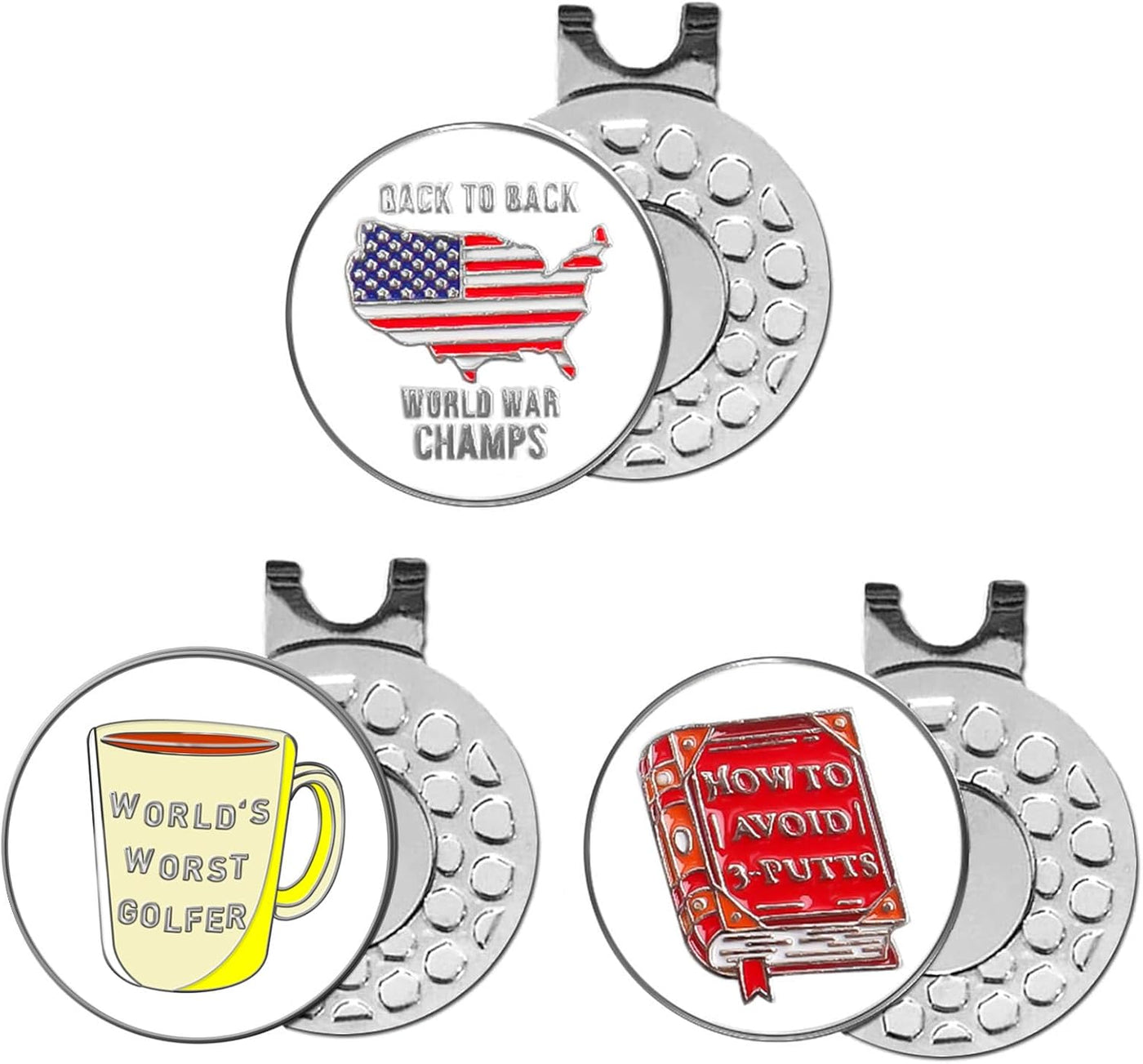 3 Pcs Golf Ball Markers with 3 Pack Hat Clip