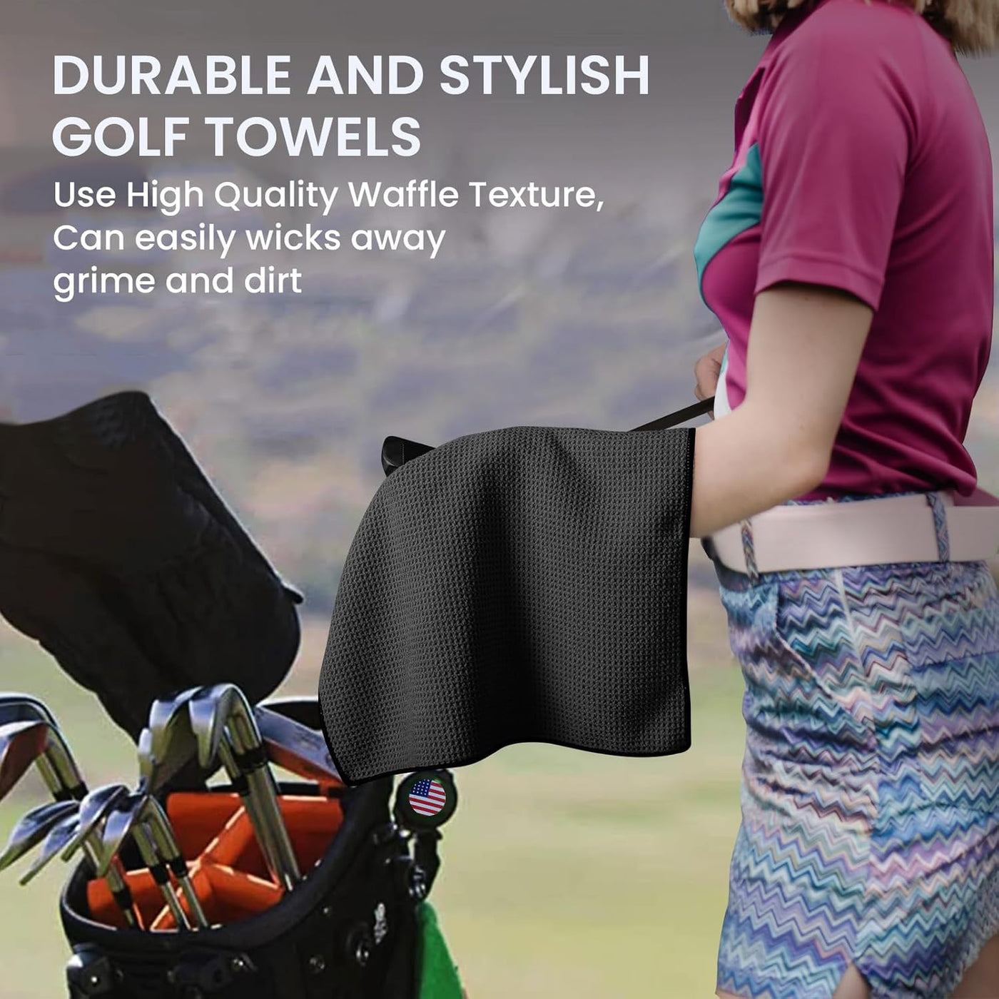 Golf Towels 2 Pack 16''X16'' with Strong Magnetic Retractable Carabiner