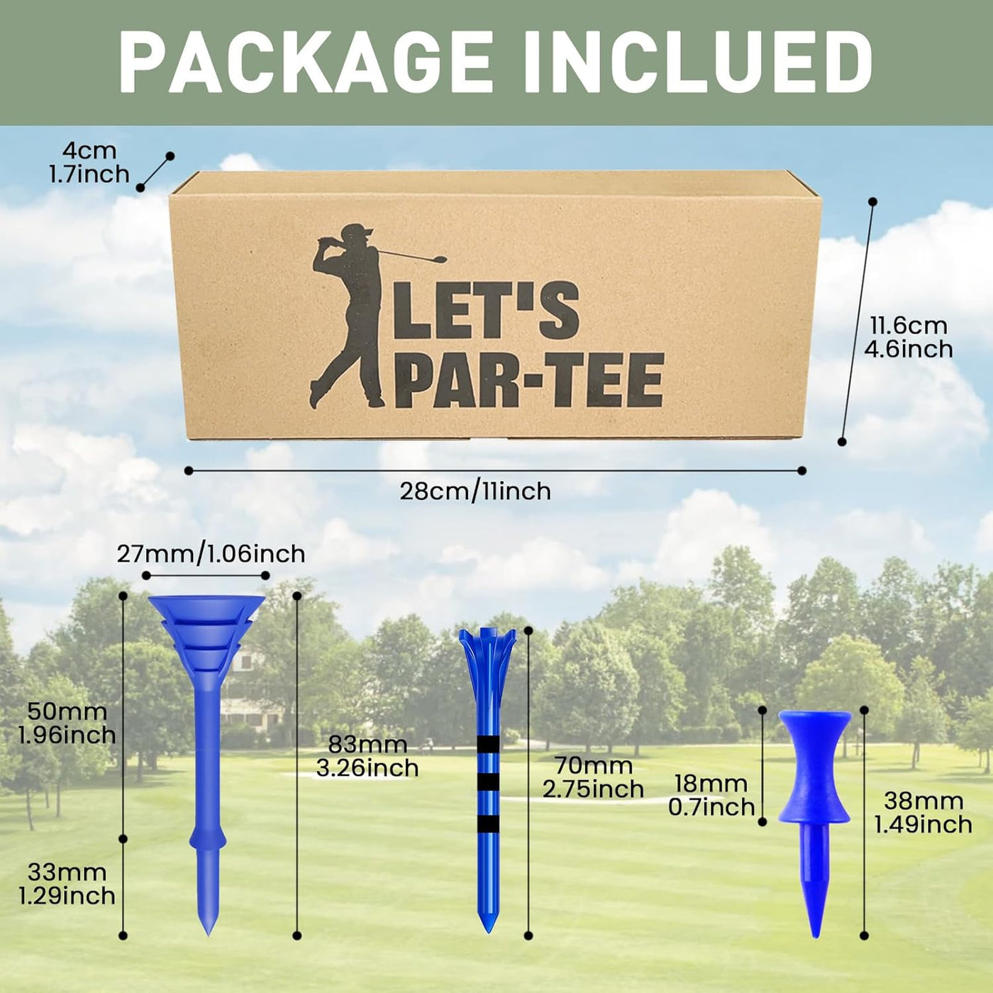 Golf-Tees, unzerbrechlicher Kunststoff, 3 1/4, 2 3/4, 1 1/2 Zoll, gemischt, 60 Stück, Geschenkbox 