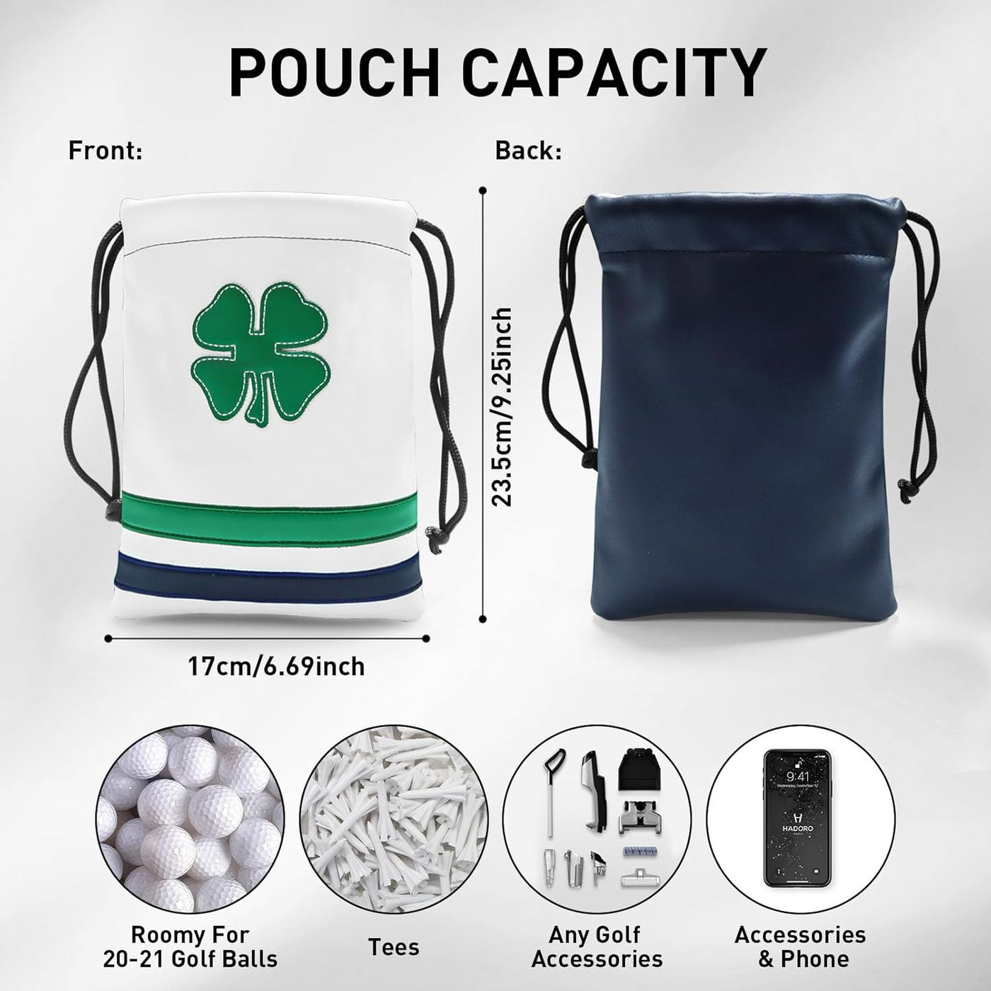 Golf Valuables Pouch Ball and Tee Bag with Drawstrings Leather White Green Pack