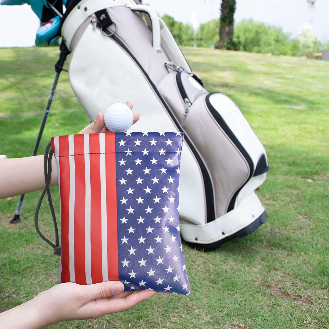 Golf Valuables Pouch Ball and Tee Bag with Drawstrings Leather USA Flag Pack