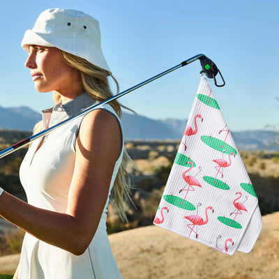 Golf Towels Flamingo Value 2 Pack 21"x16" and 12"x8" Set with Strong Magnetic Retractable Carabiner