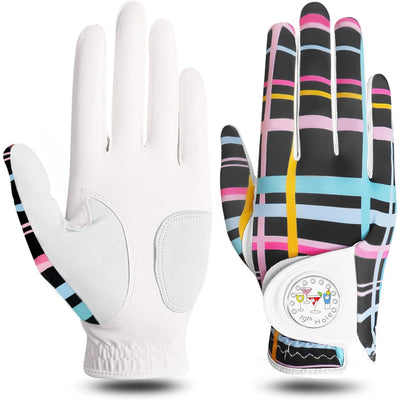 1 lot de gants de golf pour femme à rayures colorées en cuir avec marqueur de balle