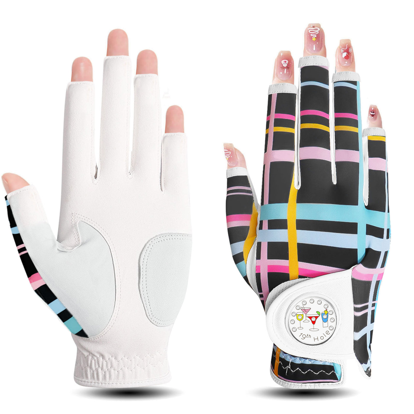 1 Pack Golf Handschuhe Frauen Farbige Streifen Halb Finger Leder mit Ball Marker