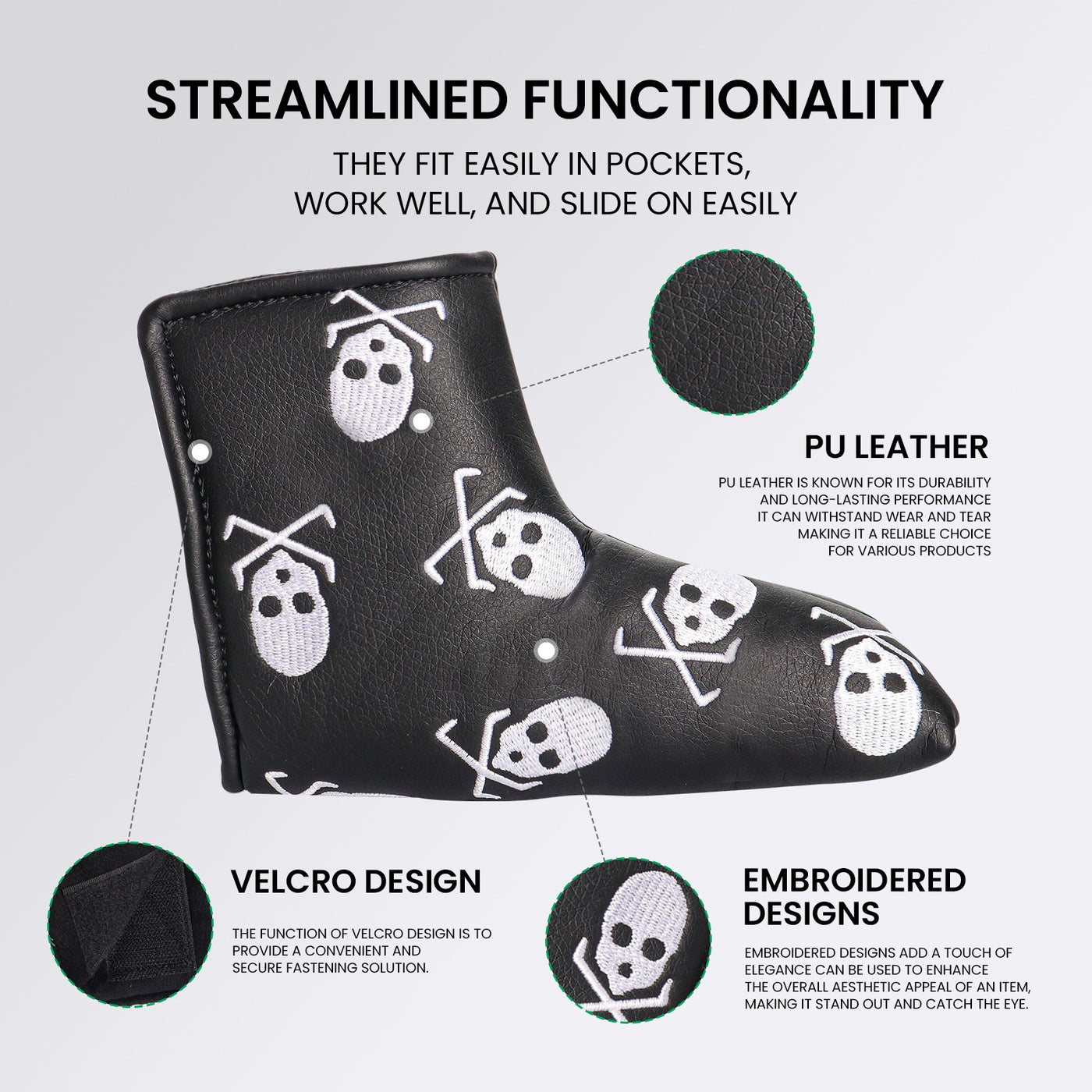 Housses de protection imperméables pour putter de golf Skull s'adaptent à la plupart des putters à lame 