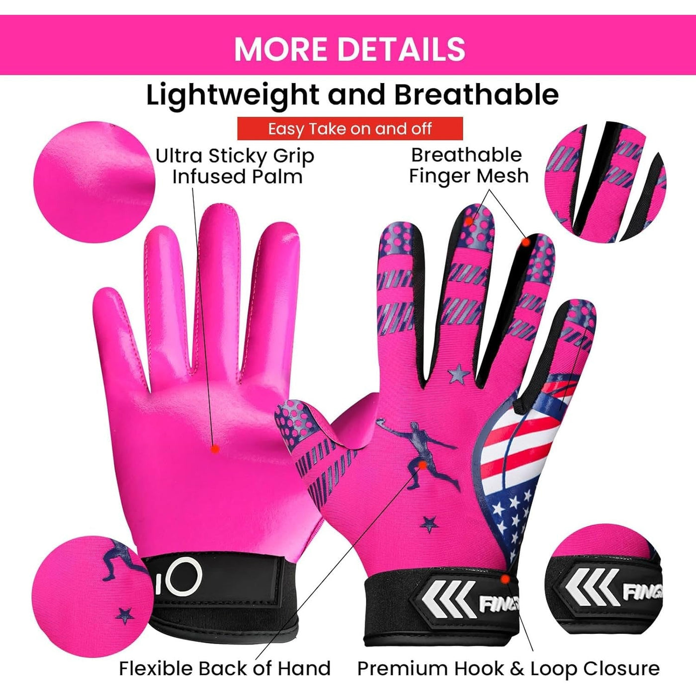 Football Receiver Gloves Youth Receiving Gloves Pink Flexible for Kids Boys Girls