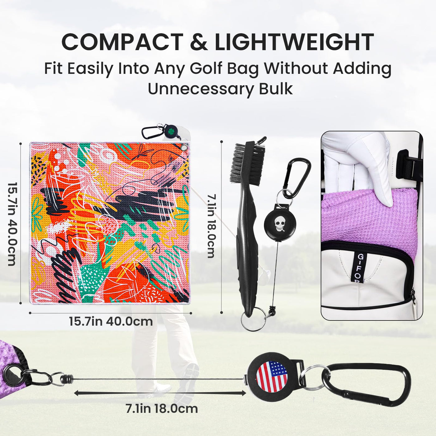 Golf Towels for Golf Bags for Women Men Value 2 Pack with 3 Strong Magnetic Retractable Carabiner and Black Brush