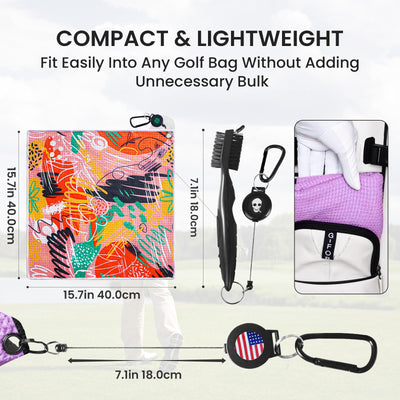 Golf Towels for Golf Bags for Women Men Value 2 Pack with 3 Strong Magnetic Retractable Carabiner and Black Brush