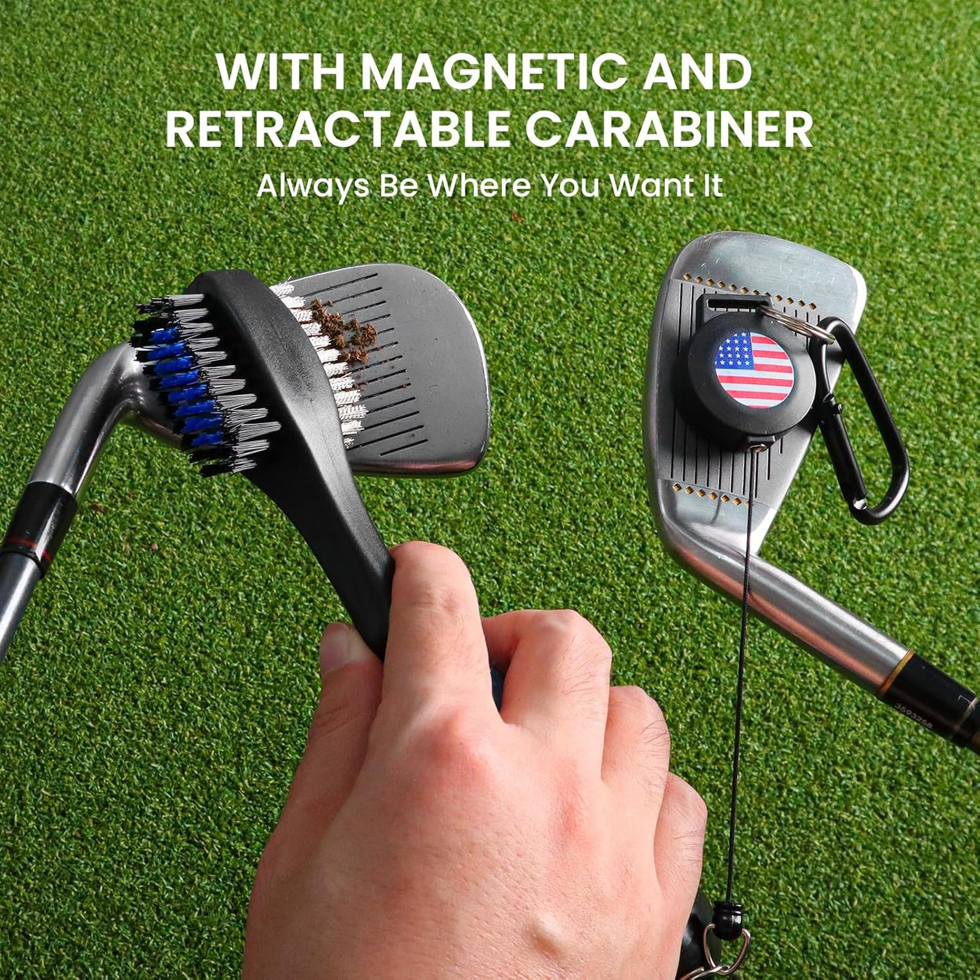 Golf Club Brush Groove Cleaner with Strong Magnetic Retractable Carabiner Value 2 Pack