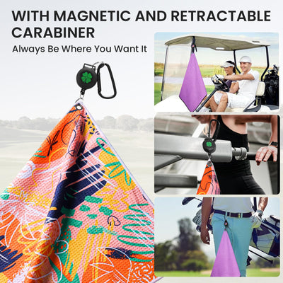 Golf Towels for Golf Bags for Women Men Value 2 Pack with 3 Strong Magnetic Retractable Carabiner and Black Brush