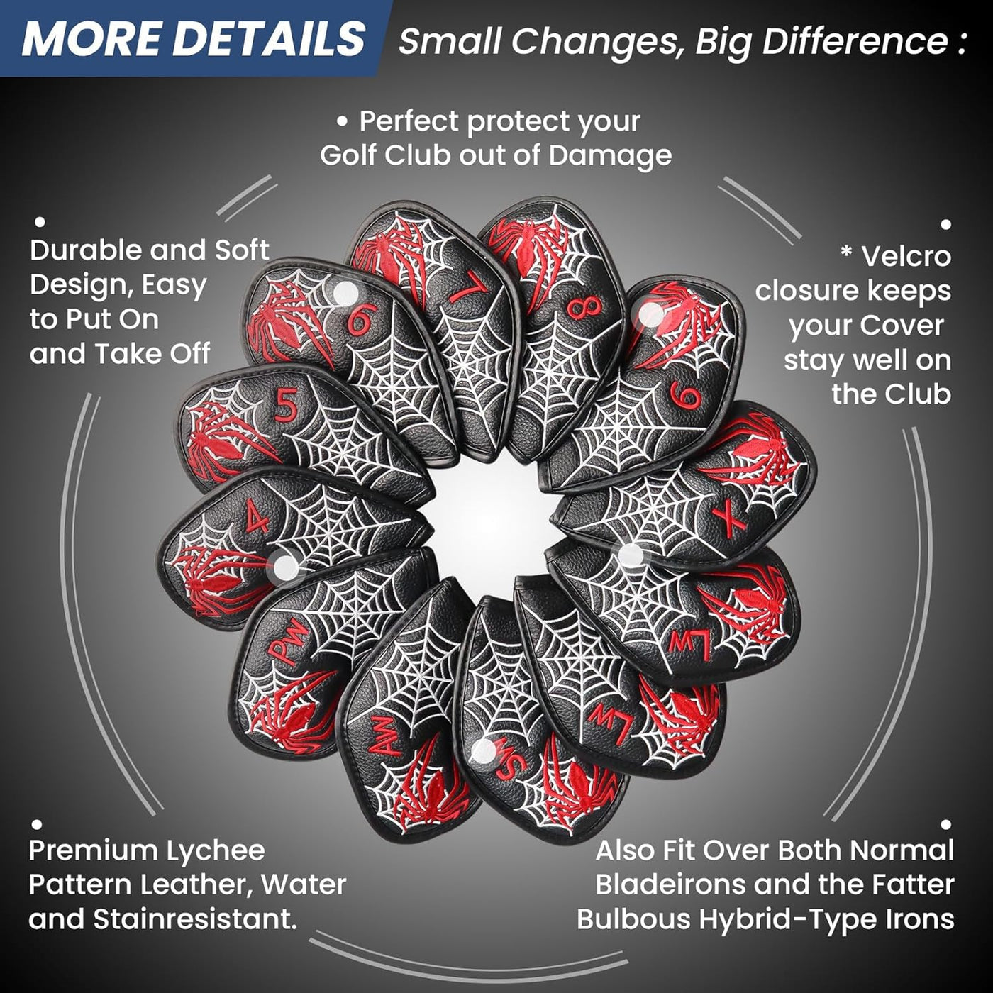 Golf-Schlägerhauben für Eisen, 12-teilig, Schwarz, Spider, universell passend für Haupteisenschläger 