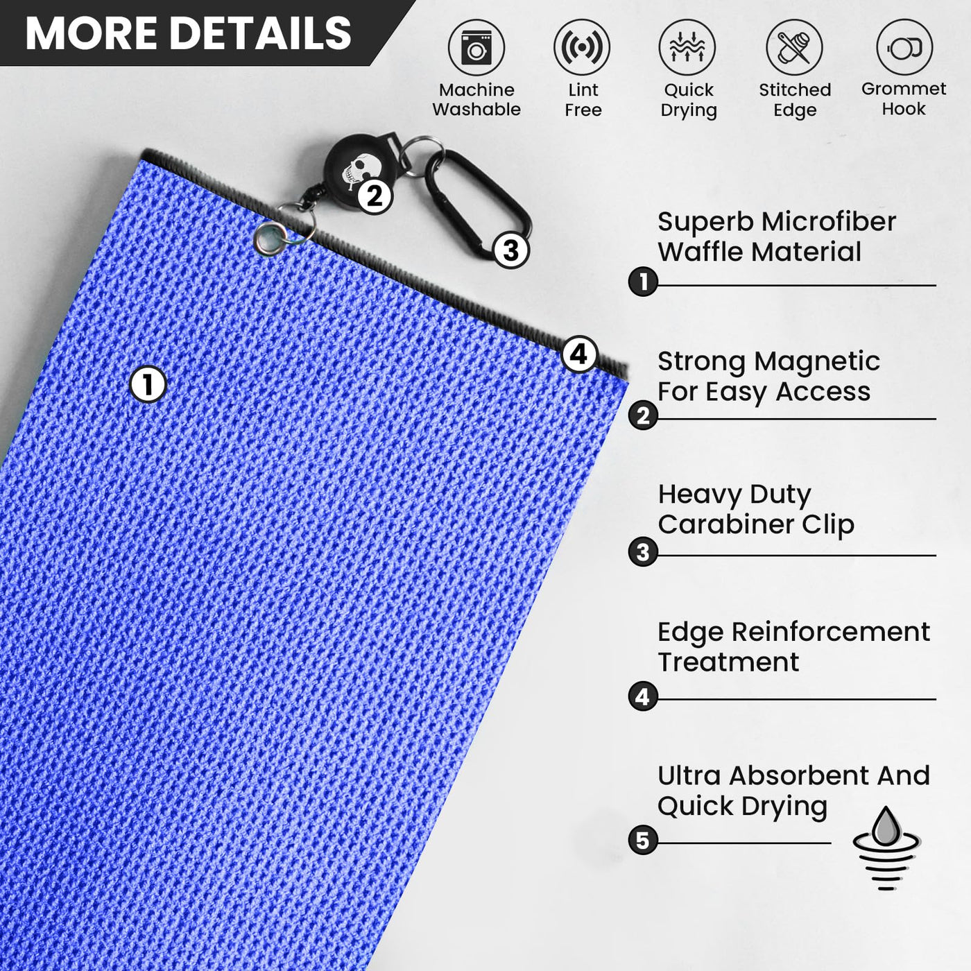 Golf Towels 3 Pack 16''X16'' with Strong Magnetic Retractable Carabiner