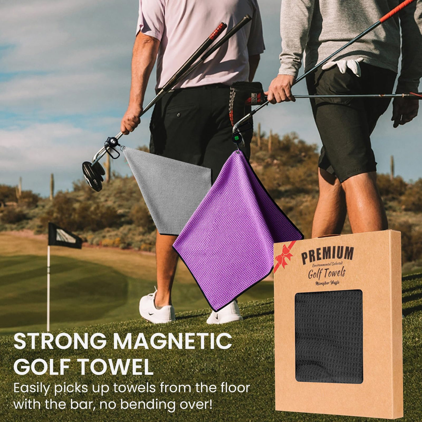 Golf Towels 3 Pack 16''X16'' with Strong Magnetic Retractable Carabiner