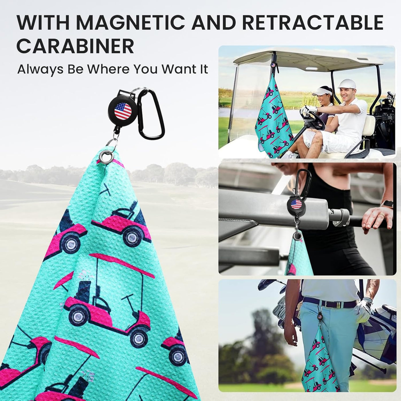 Golf Towels Value 2 Pack 21"x16" and 12"x8" Set with Strong Magnetic Retractable Carabiner