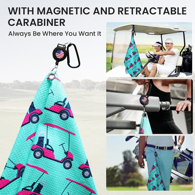 Golf Towels Value 2 Pack 21"x16" and 12"x8" Set with Strong Magnetic Retractable Carabiner