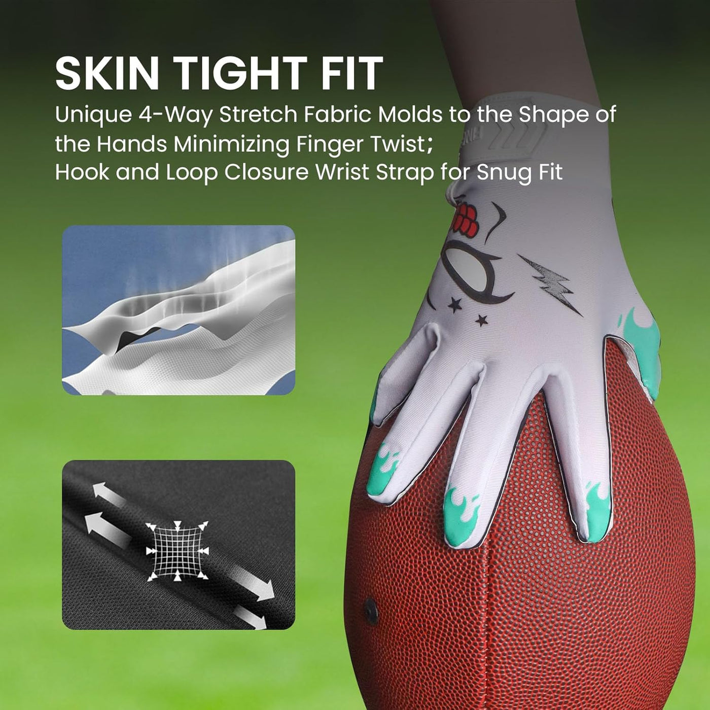 Football-Receiver-Handschuhe, Jugend-Receiver-Handschuhe, weiß/grün, flexibel, für Kinder, Jungen und Mädchen